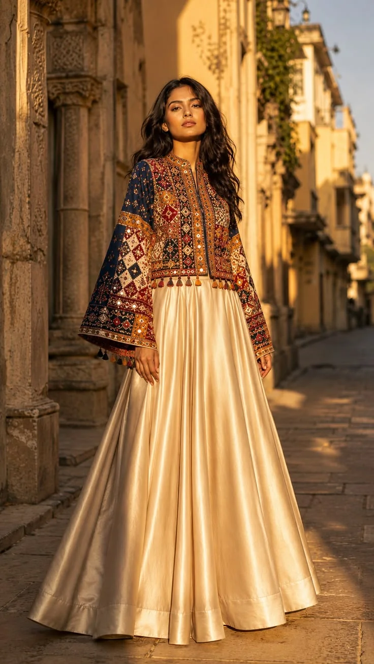 Model in a mirror-work embroidered jacket with a flowing ivory silk skirt on a sunlit old-town street